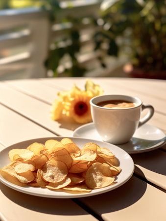 Generative AI : Healthy breakfast with coffee served on table Outdoor backgroundの素材