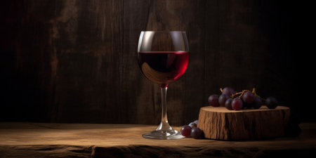 Generative AI : Glass of red wine on wooden table Blue background Copy spaceの素材