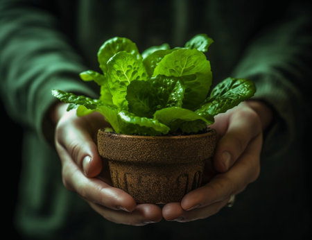 Generative AI : Kale salad leaf in kids hands Grey background Close upの素材