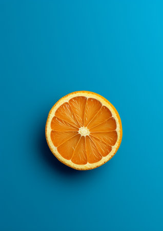 Generative AI : Fresh oranges on blue background Top viewの素材