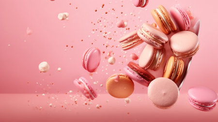 Generative AI : Macaroons dessert on pink background Copy space Top viewの素材
