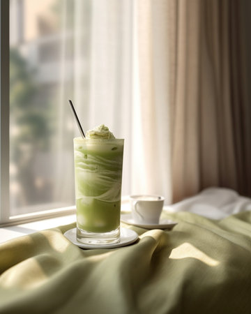 Generative AI : Matcha green tea ice latte with matcha powder and bamboo whisk Copy spaceの素材
