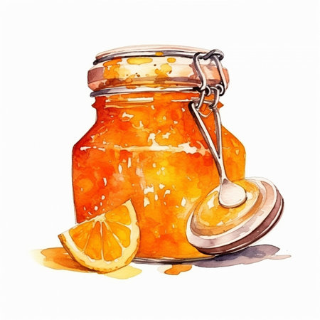 Generative AI : Orange grapefruit confiture jam in a glass jar Wooden background Top viewの素材
