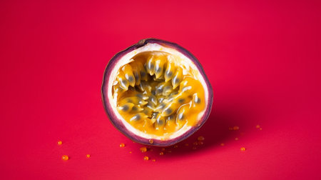 Generative AI : Passion fruit on a white plate on blue napkin Outdoor backgroundの素材