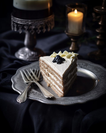 Generative AI : Halloween cake on a white plate with holiday table decoration Grey background Copy space Top viewの素材