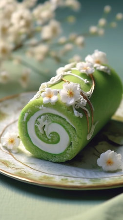 Generative AI : Green roll cake with a cup of tea on blue backgroundの素材