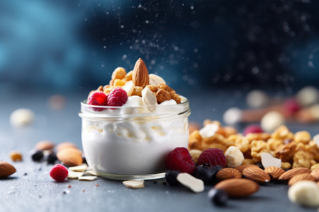 Generative AI : Health breakfast Granola with pumpkin seeds and goji berries honey yogurt and fresh berries in a glass on blue and white backgroundの素材