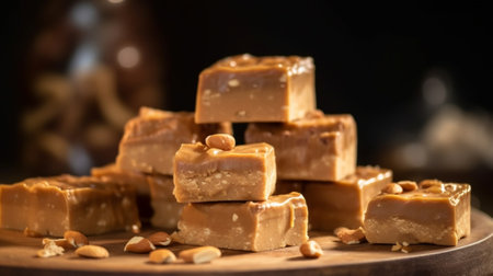 Generative AI : Millionaire shortbread bars with caramel white chocolate raisins and hazelnuts Close upの素材