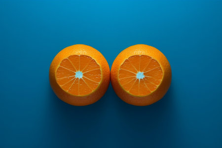 Generative AI : Oranges on blue background Flat lay composition Top viewの素材