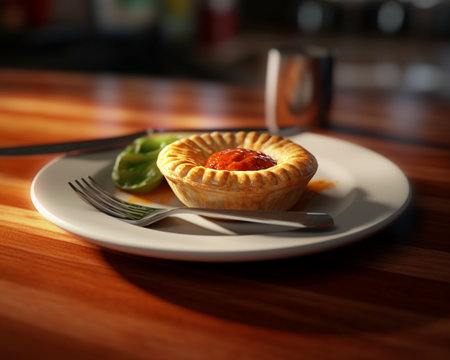 Generative AI : Meat pie with french fries on a plate Wooden background Top viewの素材