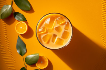 Generative AI : Fresh tropical fruit smoothie mango juice and fresh mango Copy space Top viewの素材