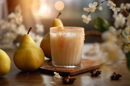 Generative AI : Pear mulled cider with vanillalemon slice and cinnamon sticks on a wooden backgroundの素材