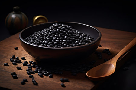 Generative AI : Black beans in wooden bowl Brown backgroundの素材