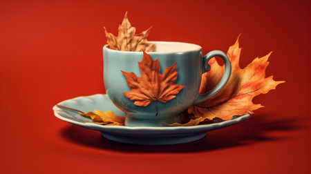 Generative AI : Tea cup with autumn leaves Grey background Close upの素材