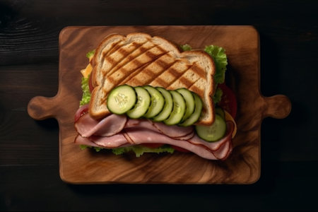 Generative AI : Sandwich with roast beef in wooden box Top viewの素材