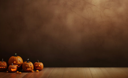 Generative AI : Pumpkin on a wooden white background and stone wall Halloween autumn backgroundの素材