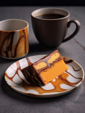 Generative AI : Pumpkin pie on plate with cup of tea Marble background Top viewの素材