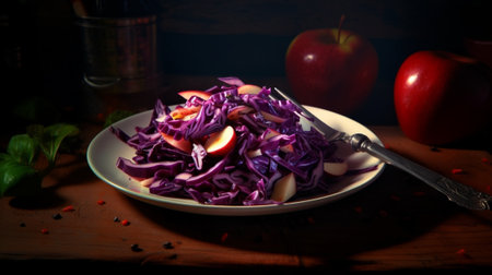 Generative AI : Red cabbage salad Coleslaw in a bowl Grey background Top viewの素材