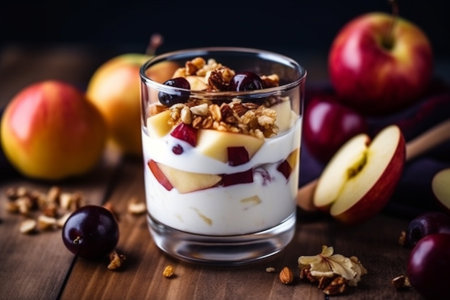 Generative AI : Overnight oats bircher muesli with apple in glass jar Wooden background Close upの素材