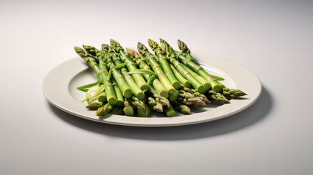 Generative AI : Asparagus sprouts on a white enamel plate on a wooden backgroundの素材
