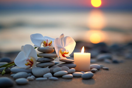 Generative AI : Spa and wellness massage setting Still life with candle towel and stones Outdoor summer background with fresh white orchid Copy spaceの素材