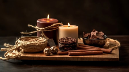 Generative AI : Spa massage relax set with candles in wooden tray Close upの素材