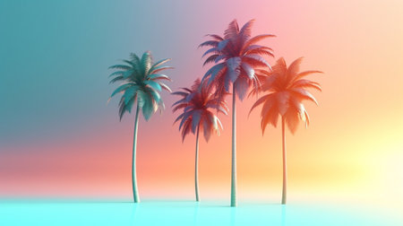 Generative AI : Summer tropical palm trees blurred backgroundの素材