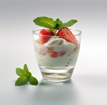 Generative AI : Strawberry tiramisu trifle custard dessert ice cream in a glass with fresh strawberry and mint leaves on a white wooden backgroundの素材
