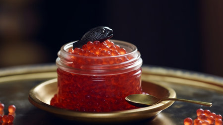 Generative AI : Red salmon caviar in white bowl and golden spoon on marble background Close upの素材