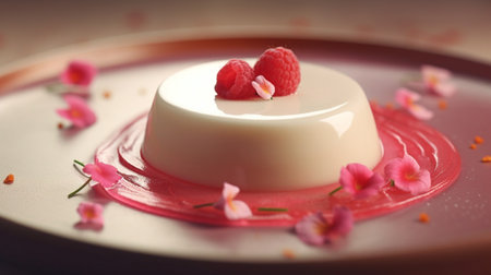 Generative AI : White creamy panna cotta with rose petals confiture on top on a copper trayの素材
