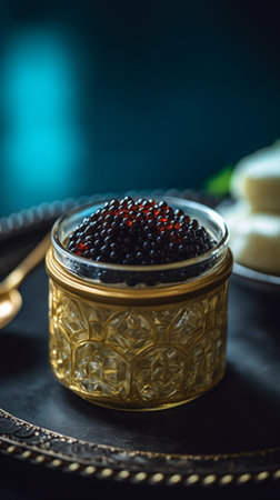 Generative AI : Red salmon caviar in golden spoon Marble background Close up Copy spaceの素材