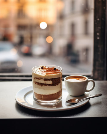 Generative AI : Tiramisu dessert in glass on table onfectionery shop menu Grey backgroundの素材