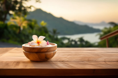 Generative AI : Spa wellness setting with fresh flowers on a palm leaf backgroundの素材