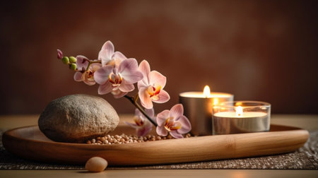 Generative AI : Spa massage relax set with candles in wooden tray with orchid flowers on white marble table Close upの素材