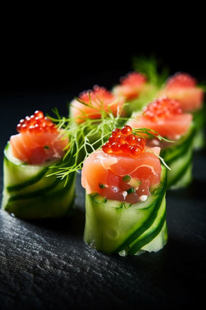 Generative AI : Smoked salmon rolls with cream cheese cucumber black caviar and chivesの素材