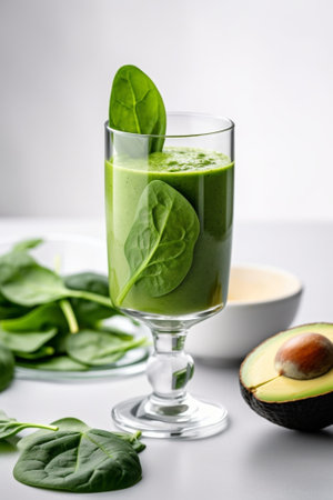 Generative AI : Spinach smoothie Healthy drink in glass jar on grey stone background Copy spaceの素材