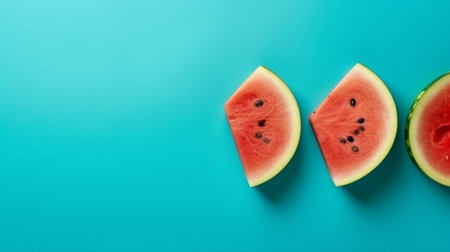Generative AI : Watermelon fresh juice smoothie on blue textile background Top viewの素材