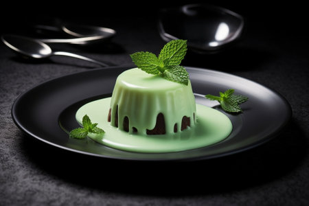 Generative AI : White chocolate cake with fresh mint leaf on a plate Wooden background Top vew Copy spaceの素材