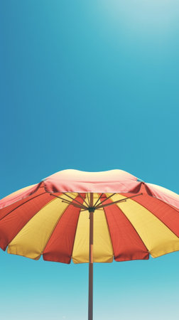 Generative AI : Yellow sun umbrella on a blue sky Summer backgroundの素材