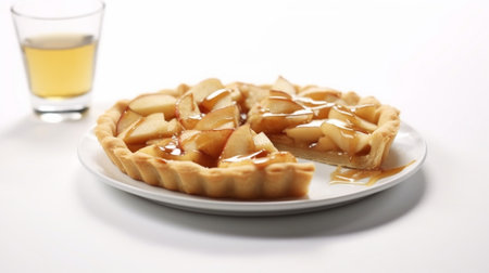 Generative AI : Apple tart with vanilla pod on a white plate Traditional holiday dessert Wooden rustic backgroundの素材