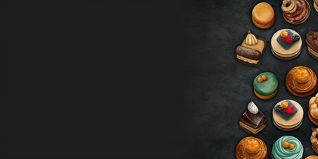 Generative AI : Assortment of Turkish delights Dark background Copy space Top viewの素材