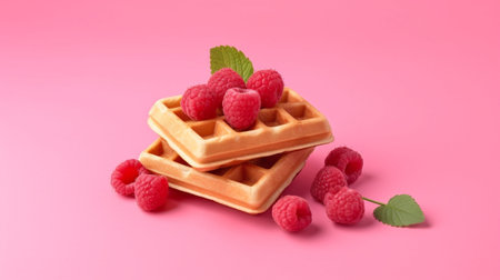 Generative AI : Belgian waffles with fresh red currant berries Grey background Copy space Top viewの素材