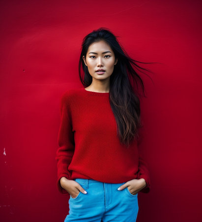 Generative AI : Beautiful vietnamese woman standing near colorful blue wooden wall Copy spaceの素材