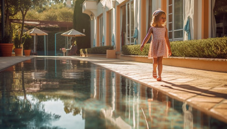 Generative AI : Beautiful child girl playing with mirror near swimming pool Tropical outdoor background Copy spaceの素材
