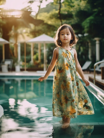 Generative AI : Beautiful child girl playing with mirror near swimming pool Tropical outdoor background Copy spaceの素材