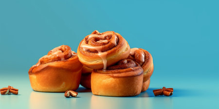 Generative AI : Cinnamon rolls cinnabons on black plate Grey background Copy space Top viewの素材