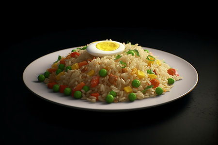 Generative AI : Asian fried rice with egg and vegetables Dark stone background Top viewの素材