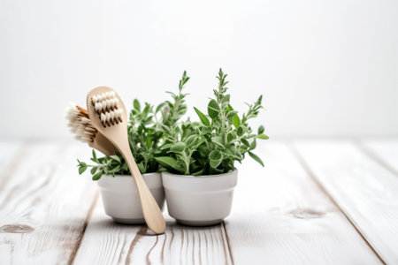 Generative AI : Bunch of fresh thyme on cracked white wooden background Top view Copy spaceの素材