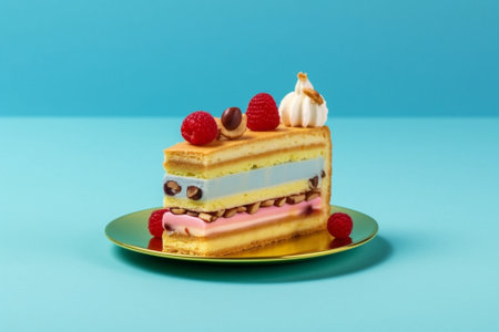 Generative AI : Cake Kouglof on a white plate Turquoise background Traditional dessertの素材