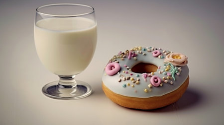 Generative AI : Donuts with glass of milk on marble table Grey background Close upの素材